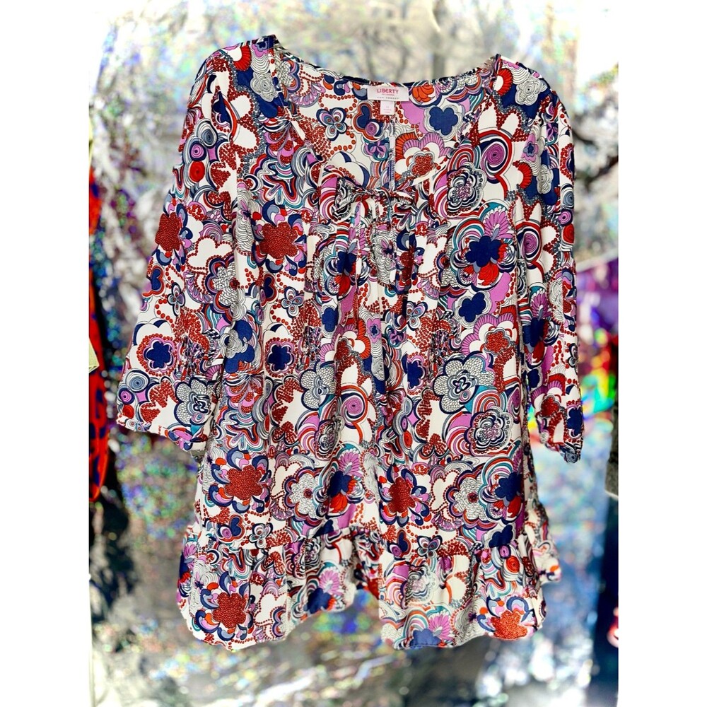 Babydoll Dress Tunic Red White Blue Lavender Flower 3/4 Sleeve Ruffle Sz XL